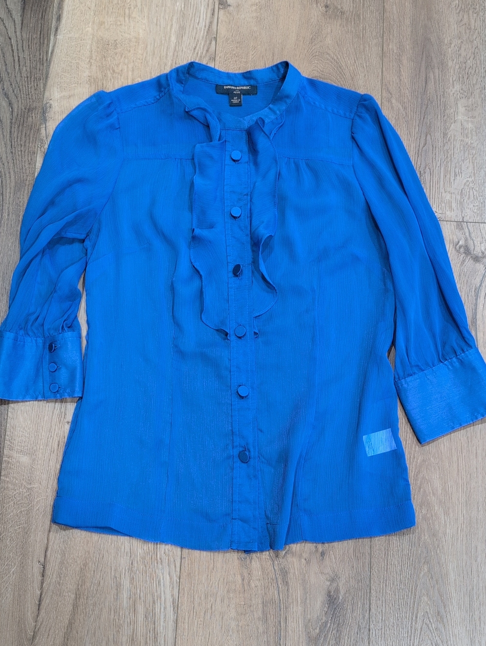 Banana Republic Cobalt Blue Ruffle-Front Sheer Button Down Shirt